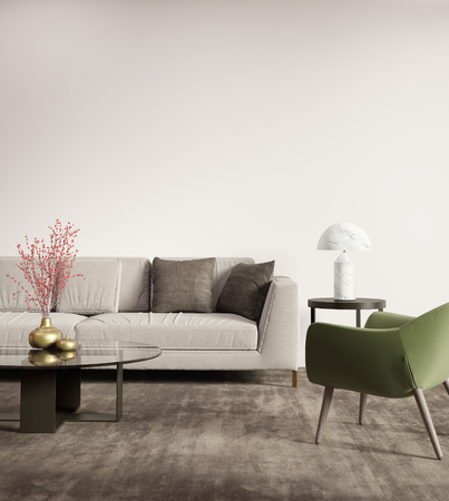 Contemporary grey sofa with green armchairの写真素材