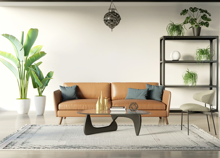 Modern bohemian style interior room with tobacco sofaの写真素材