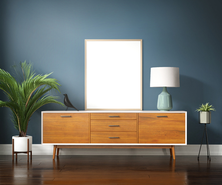 Rendering of a Blue mid century interior with buffet , table lamp and palm plant.の写真素材