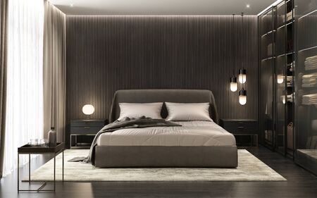 Dark contemporary luxury mens style bedroomの写真素材