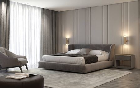 Grey contemporary luxury modern bedroom with stool and a carpetの写真素材