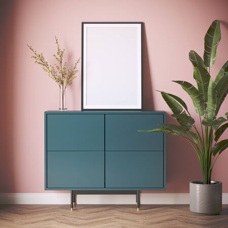 3d illustration of a pale green sideboard with dusky pink wall and a banana plantの写真素材
