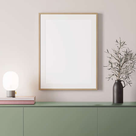 3d render of a modern mockup interior with wooden frame on an empty wall, a green sideboard and a...
