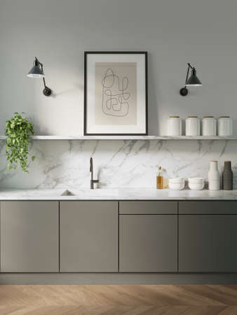 3d render of a minimalist kitchen with grey cabinets and white marble countertop and wood herringbone wood floorの写真素材