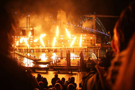 Lights festival in Sydney, Harbour Bridge in the background.
