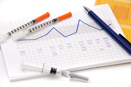 Education about controlling diabetes - counting carbohydrates and blood sugar measurements for thoroughly insulin treatment - Diabetes care, concept, test, patient, monitor - Taking notes about bolusの写真素材