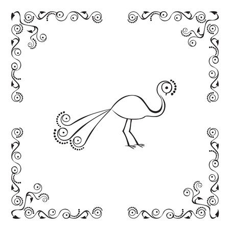 peacock in the border of flowers, leaves and curlsのイラスト素材