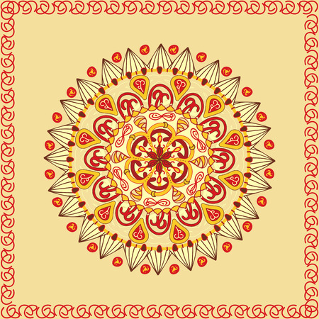Ethnic round ornamental pattern. Red, brown and orange mandalaのイラスト素材