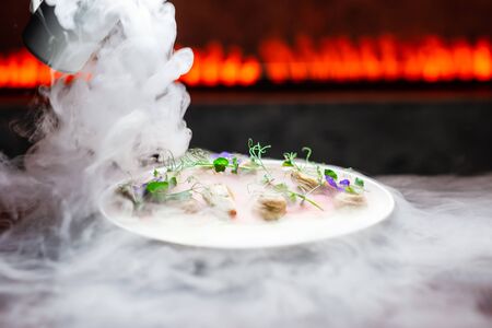 unusual carpaccio with original supply with liquid nitrogen の写真素材