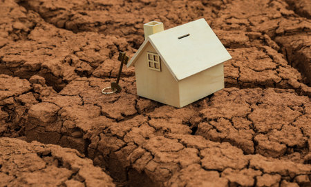 House and key on cracked soil background. Concept of financial crisis.の写真素材