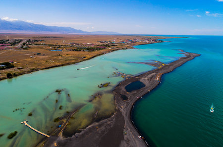 Aerial view of black volcanic sand beach in Qinghai, China