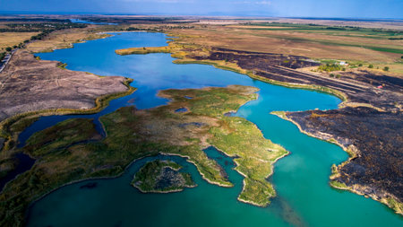 Aerial view of the small lake with green grass and blue water