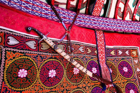 Interior decoration of a Kazakh yurt. The decoration of the yurt consists of objects and products...