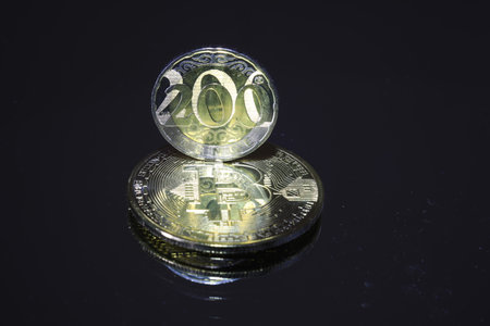 Digital currency physical metal bitcoin coin on a black background with reflection.