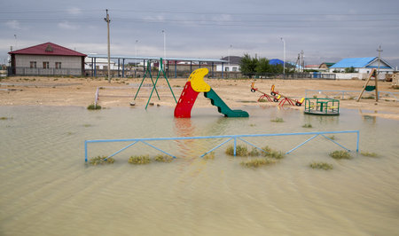 A flood-damaged village near the town of Zhanauzen in Kazakhstan's Mangystu region.の写真素材