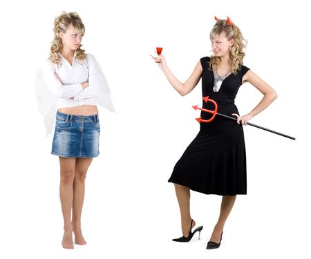 Young sexy devil tempting an innocent angelの写真素材