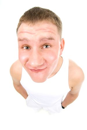 Man with funny face through fisheye lensの写真素材