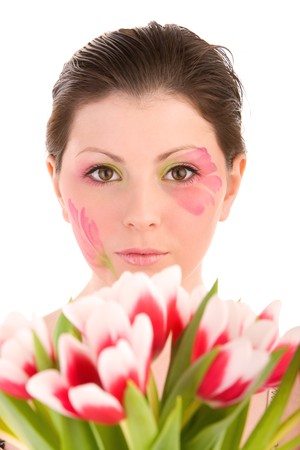 Woman head and tulips on isolated white backgroundの写真素材