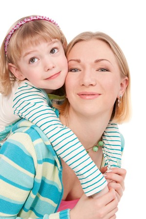 Happy mother and daughter on isolated whiteの写真素材