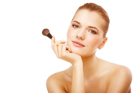 Closeup beauty portrait of a young woman over isolated whiteの写真素材