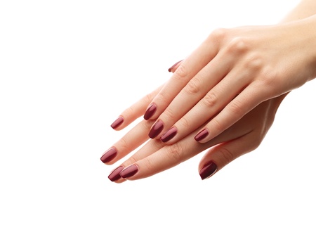 Female hands with perfect manicure over white isolated backgroundの写真素材