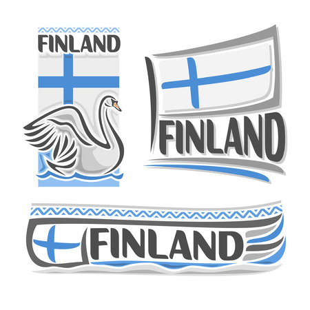 Illustration for Finland, consisting of 3 isolated illustrations: flag, above the white swan on the water, symbol of Finland and the flag on background of the ski on the snowのイラスト素材