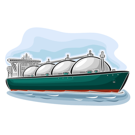 Vector illustration of LNG liquefied natural gas carrier ship, consisting of cryogenic super tanker, vessel with nautical storage tank for propane methane gas close-up on blue backgroundのイラスト素材
