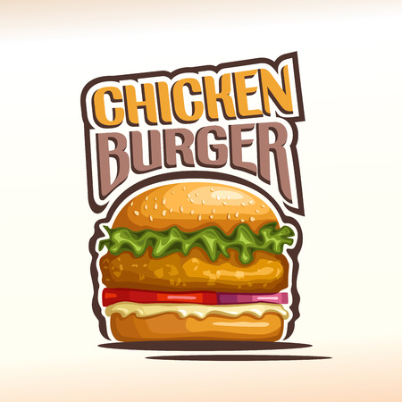 Vector logo chickenburger, consisting of a bun with sesame seeds, meat chicken hamburger fried patty, red onion, tomato slices, leaf lettuce salad, mayonnaise. Burger menu for american fast food cafeのイラスト素材