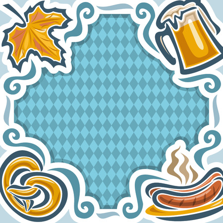 Vector frame for Oktoberfest menu on background Bavarian pattern of white blue rhombus: autumn maple leaf, mug beer cup, pretzel and dish plate sausages on grill.Invitation ticket for oktoberfest partyのイラスト素材