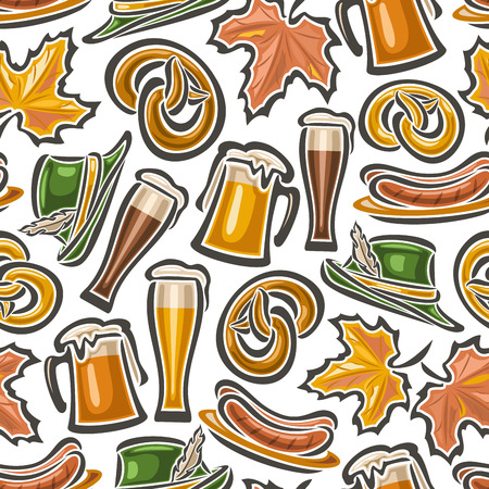 Vector background bavarian seamless pattern oktoberfest. White Background wallpaper - symbols Oktoberfest: glass mug beer, pretzel, tyrolean hat, maple leaf, grill sausages. Textile tablecloth Bayernのイラスト素材