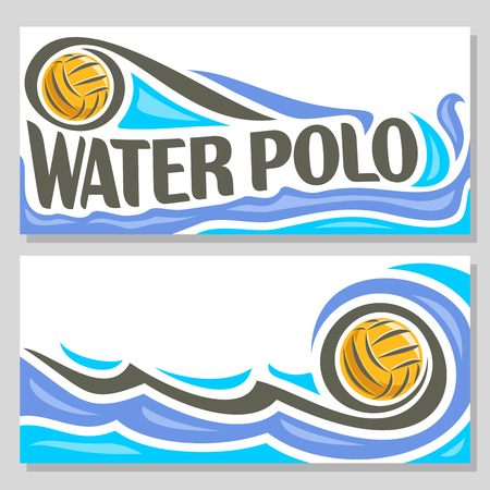 Vector abstract logo for Water Polo Ball, blue header horizontal banners with background summer sea waves and waterpolo equipment floating yellow water polo ball. Invitation ticket to sports arena.のイラスト素材
