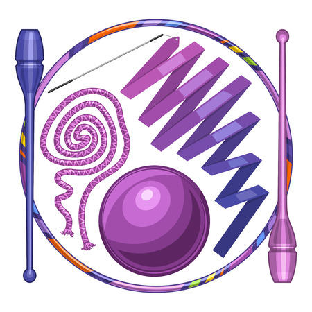 Vector abstract logo for rhythmic gymnastics consisting of purple ribbon with handle, lilac skipping rope cord, blue clubs and gymnastic ball, hula hoop. Decorative sports equipment.のイラスト素材