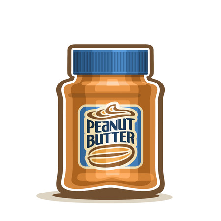logo Peanut Butter Jar with label, container jar with brown peanut cream snack with blue cap, pot butter nuts dessert spread paste with lid for kids breakfast closeup isolated white background.のイラスト素材