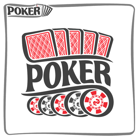 Vector of holdem Poker, consisting of five red playing cards back for gambling game and 5 black plastic tokens chips with dollar sign for casino, poster for poker gamble games on white backgroundのイラスト素材