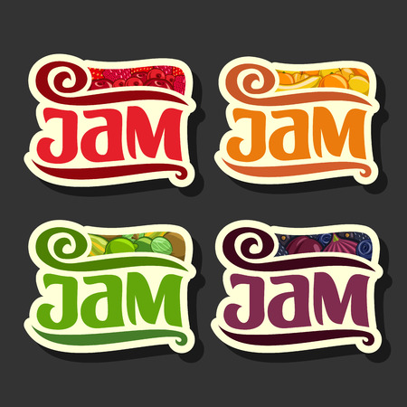 Vector Set colorful Fruits Jam Labels: collection set of abstract label green jam, decoration fruit purple or design sticker of orange jams, berry still life emblems isolated on black background.のイラスト素材