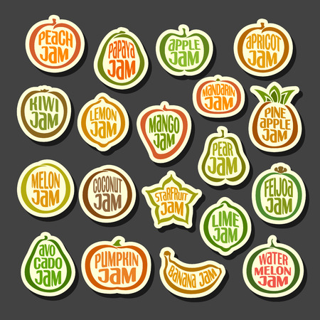 Vector Set colorful Fruits Jam icons: collection set of abstract label peach jam, simple fruit or icon of pineapple jams, minimalistic cartoon pictograms isolated on black background.のイラスト素材