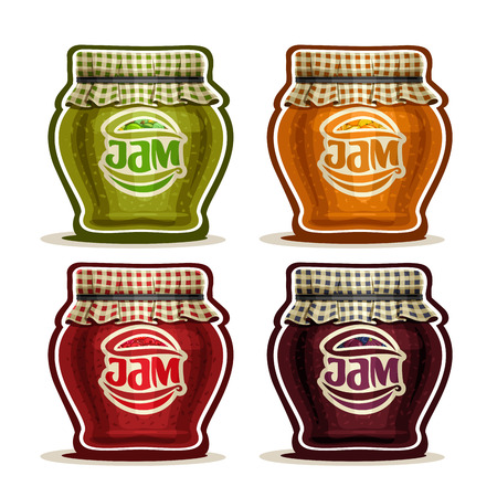 Vector Fruit Jam in glass Pot with checkered cloth cover lid tied rope, rustic pot home made strawberry jams, set homemade fruit jam jars, farm orange dessert in jar with label, isolated on whiteのイラスト素材