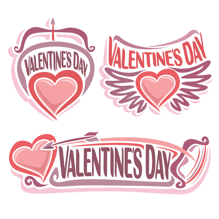 Vector for Happy Valentine's Day, pink emblem for romantic lovers, bow and flying arrow in hearts with wings - symbol of st. valentine holiday, greeting simple sign valentines isolated on white.のイラスト素材