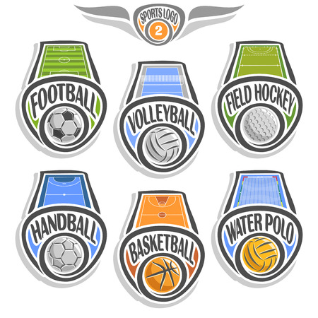 Vector set sports with ball, football soccer, volleyball court, field hockey, handball stadium, basketball arena, water polo pool, abstract sign sporting club, icon games balls isolated on white.のイラスト素材