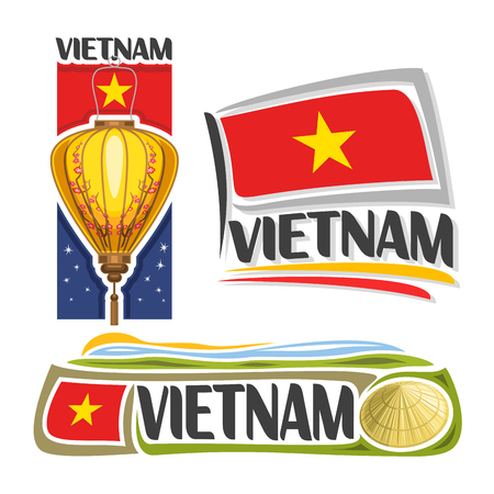Vector logo Vietnam, 3 isolated images: vertical banner traditional paper lantern with plum blossom on background vietnamese national state flag, conical hat non la, republic of vietnam ensign flags.のイラスト素材