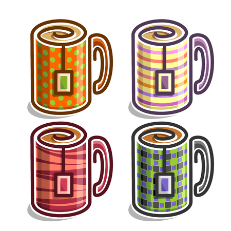 Vector set abstract Tea Cups: colorful minimalistic Mug with handle and tea bag, simplistic logo of cup with teabag, collection porcelain teacup with multicoloured polka dot pattern isolated on white.のイラスト素材