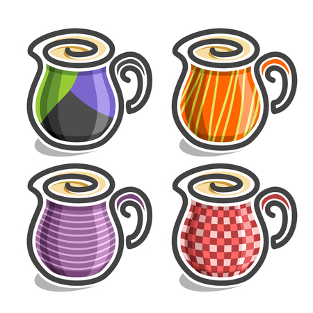 Vector set abstract icons Milk Jug: colorful minimalistic Creamer with handle, simplistic logo pitcher with swirl, small ceramic checkered creamer, sign jug with spout and stripes, isolated on white.のイラスト素材