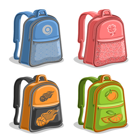 Vector set colorful kids Backpacks, blue boys college back bag with handle, pink girl fashion rucksack with pocket, orange youth sports backpack for school, green trendy knapsack with straps for kid.のイラスト素材