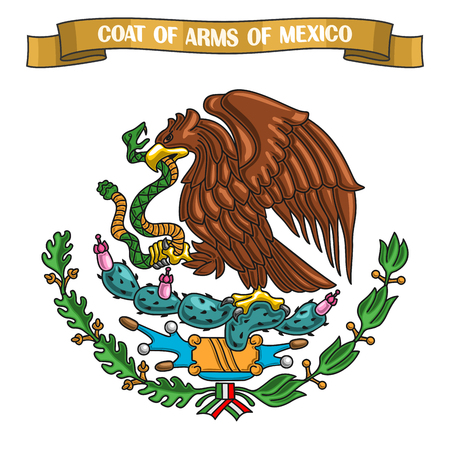 Illustration on theme Mexican Coat of Arms, heraldic shield on national state emblem and symbol of Mexico - golden eagle, on ribbon title text: coat of arms of mexico, mexican official heraldryのイラスト素材