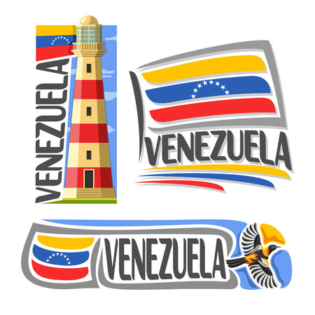 Vector logo Venezuela, 3 isolated images: isla margarita lighthouse on background national state Flag, architecture symbol of Venezuelan Republic, simple flag venezuela near flying venezuelan troupialのイラスト素材