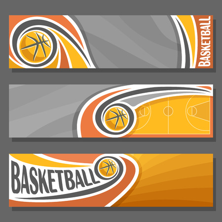Vector horizontal Banners for Basketball: 3 cartoon covers for title text on basketball theme, orange sporting court with fly ball, abstract simple headers banner for inscriptions on grey background.のイラスト素材