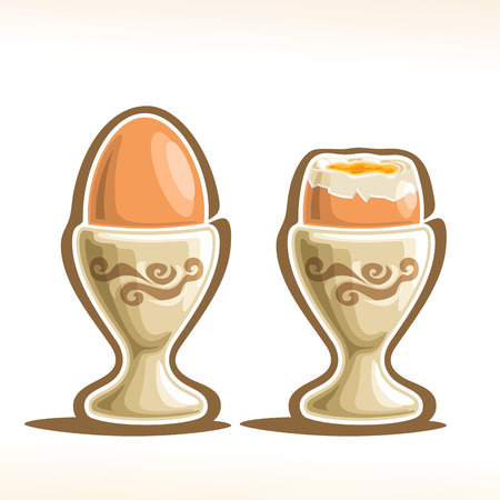 Vector illustration of Soft Boiled Egg in Holder: brown soft-boiled cooked eggs in cap, single whole and half open cut egg in cracked shell with yellow yolk and white protein in eggcup - sunny side.のイラスト素材