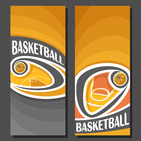 Vector Vertical Banners for Basketball: 2 layouts for title text on basketball theme, orange court with flying on curve ball, abstract banner for inscriptions on black background, sports invite ticketのイラスト素材