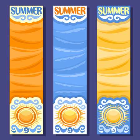 Vector set vertical banners for Summer season: 3 layouts with blue wave water background, sunny templates with title text - summer, summertime flyers with orange sun art backdrop, hot sunshine weatherのイラスト素材
