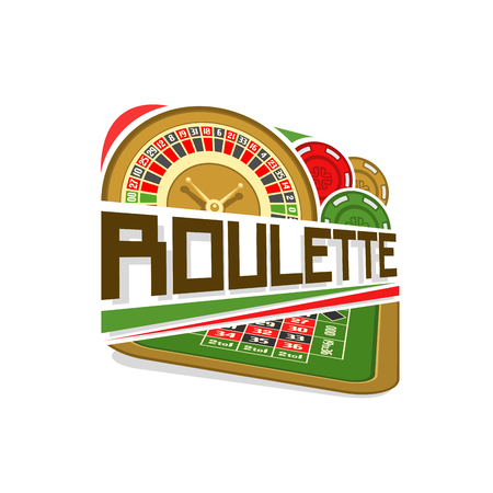Vector logo for Roulette gamble: wheel of american roulette with double zero, colorful chips, inscription title text - roulette, icon with playing table for gambling, art symbol for casino club.のイラスト素材